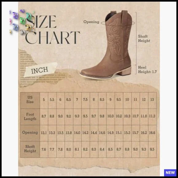 Square Toe Mid Calf Cowgirl Boots Retro Embroidery Low Chunky Heel Pull On - Picture 6 of 7